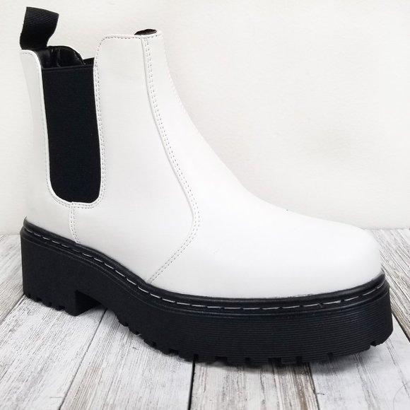 New White Elastic Chelsea Combat Lug Boots - Picture 3 of 5